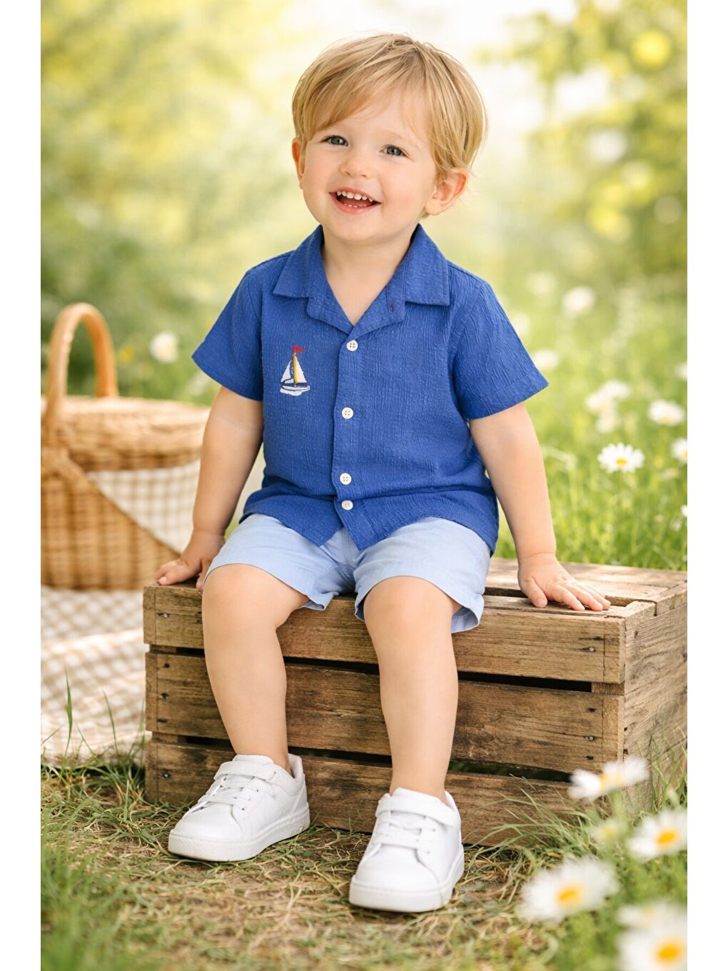 Mavi Gömlek Yelken Desenli Belden Ayarlanabilir Kısa Kollu Şortlu 3'lü Takım-3