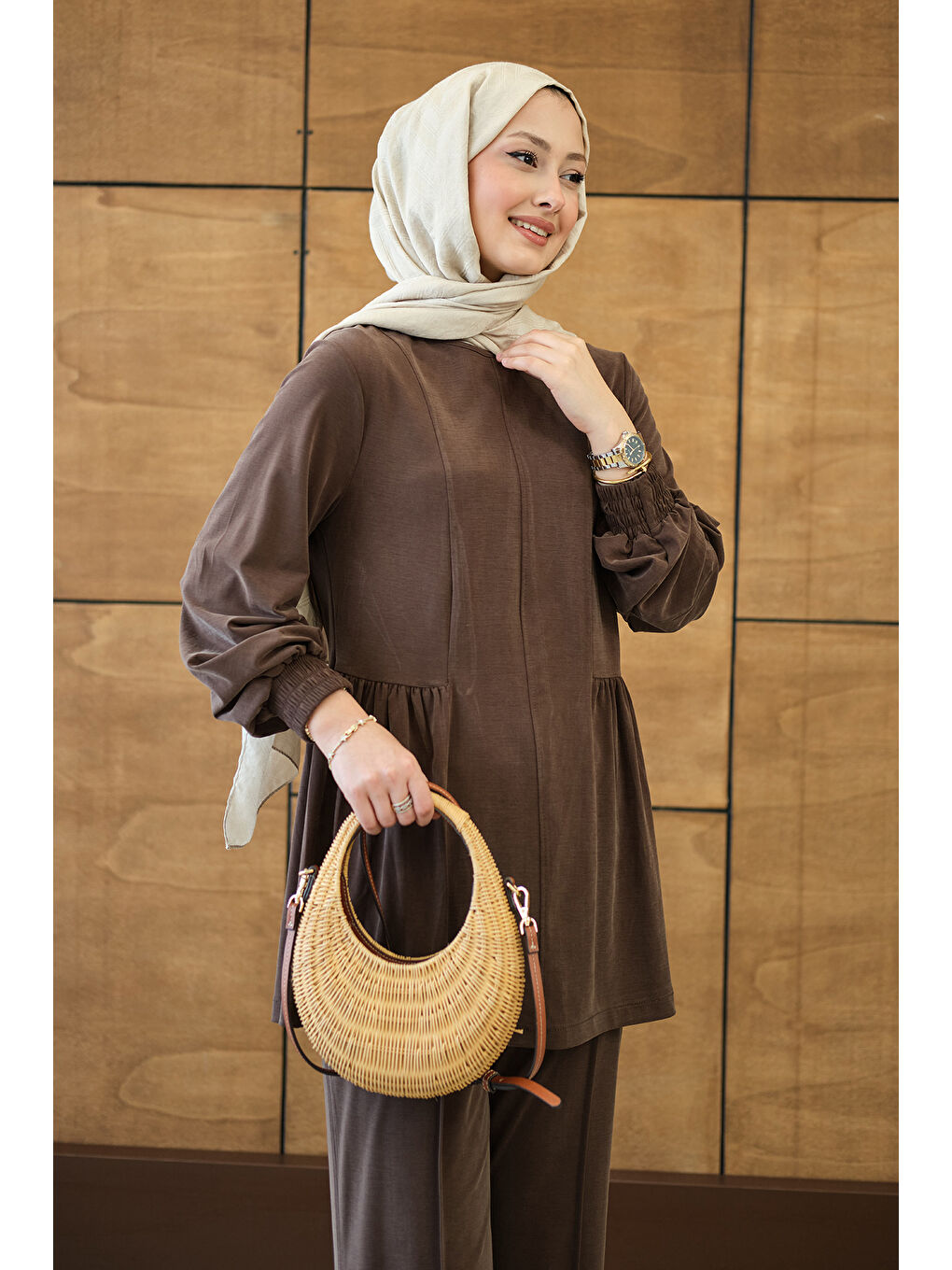 Kadın Önü Çima Ve Büzgü Detay İkili Takım Kahverengi-1
