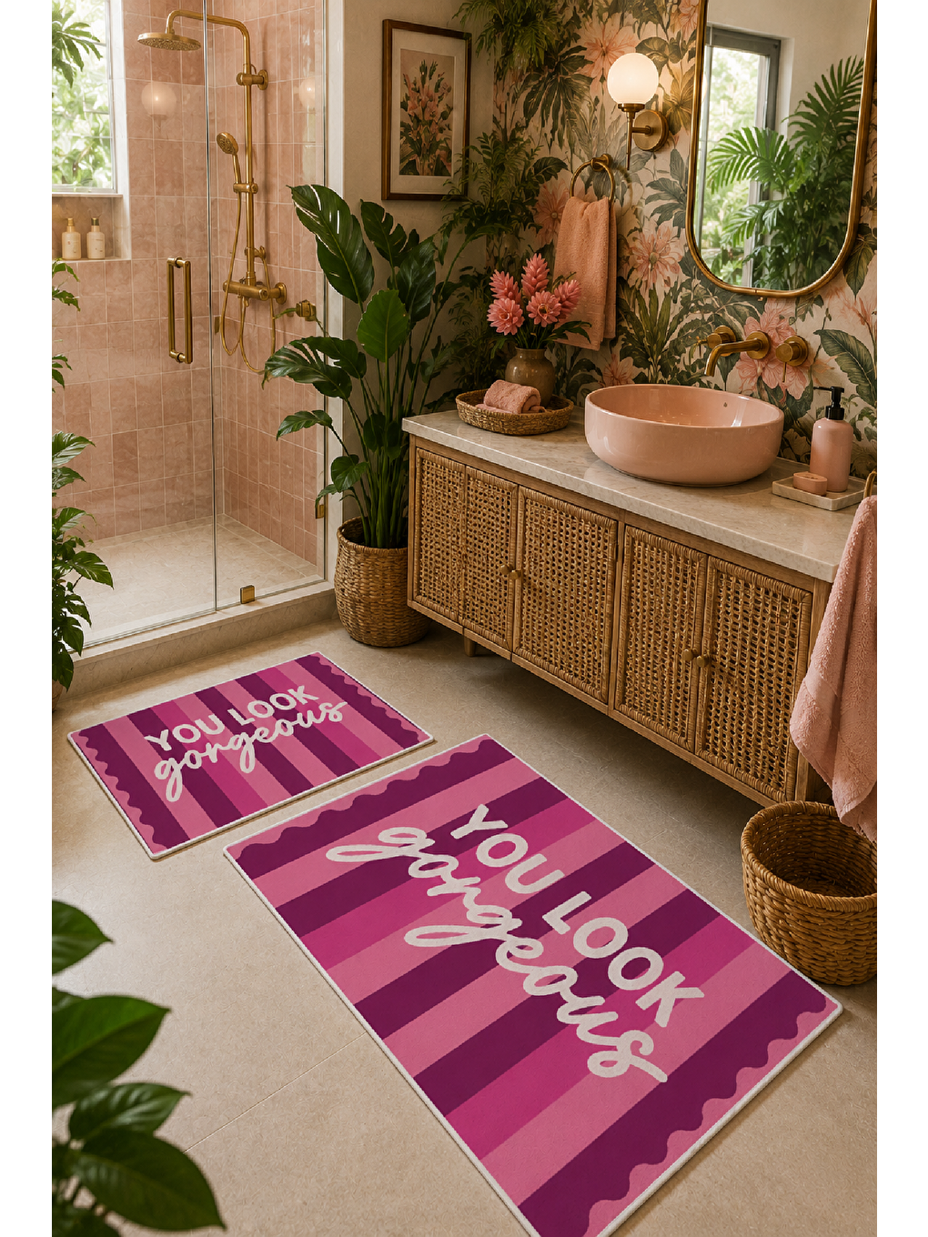 Pembe Bordo You Look So Good Yazılı Banyo Paspası 2’li Set-3