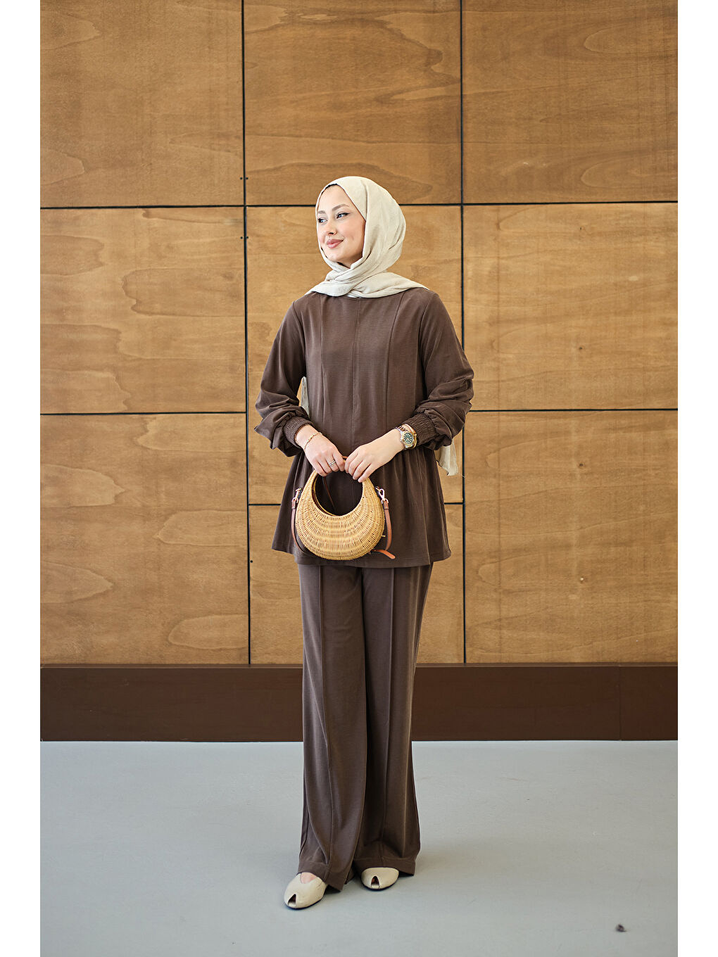 Kadın Önü Çima Ve Büzgü Detay İkili Takım Kahverengi-2