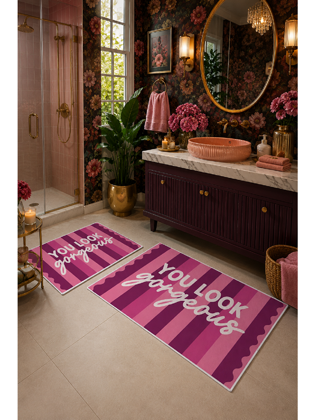 Pembe Bordo You Look So Good Yazılı Banyo Paspası 2’li Set-4