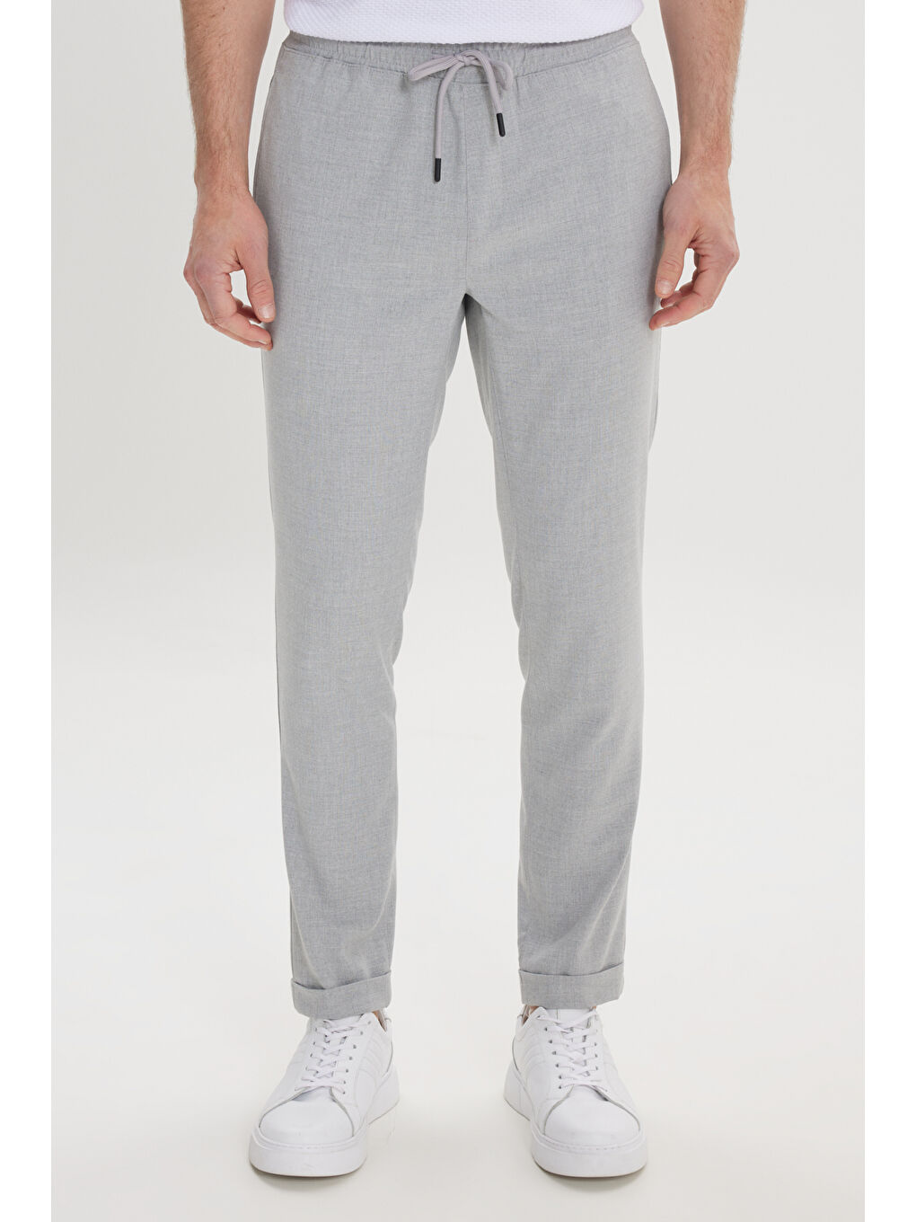 Erkek Gri Slim Fit Rahat Kesim Beli Bağlamalı Yan Cepli Jogger Pantolon-2