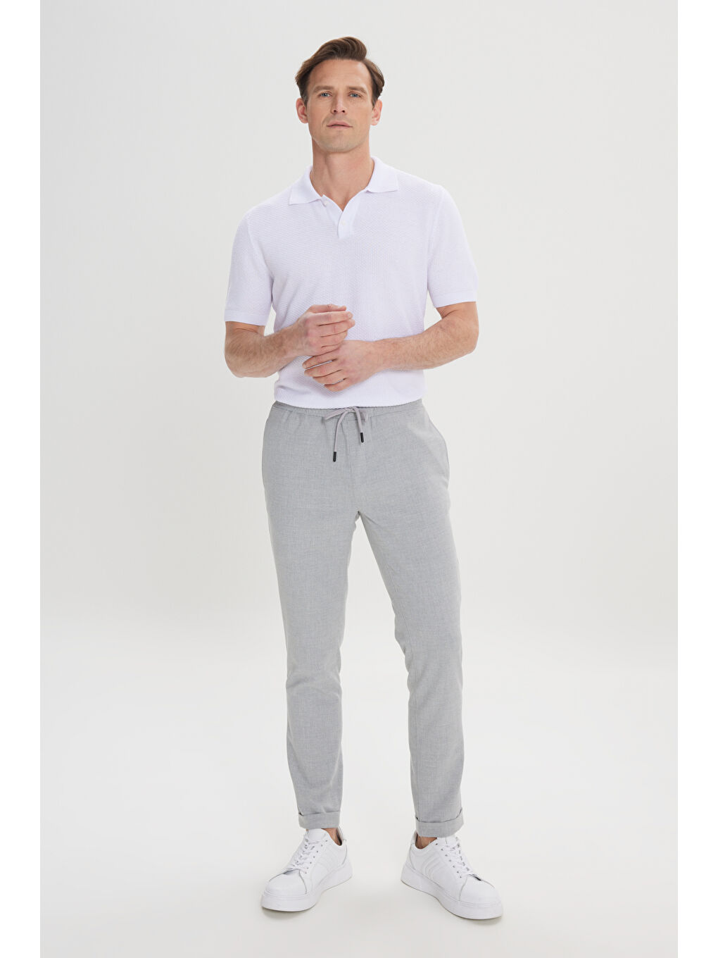 Erkek Gri Slim Fit Rahat Kesim Beli Bağlamalı Yan Cepli Jogger Pantolon-3
