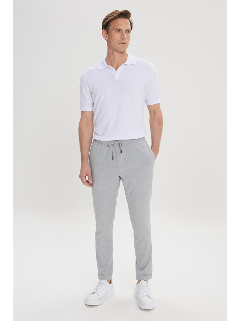 Erkek Gri Slim Fit Rahat Kesim Beli Bağlamalı Yan Cepli Jogger Pantolon-5