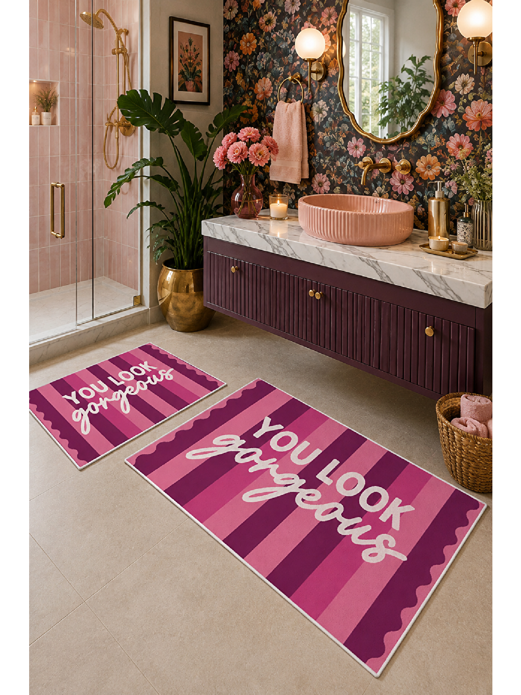 Pembe Bordo You Look So Good Yazılı Banyo Paspası 2’li Set-5