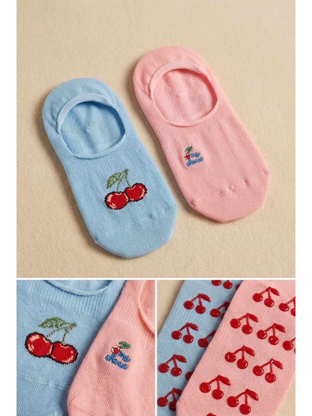 Karışık Kadın 2'Li Kirazlı Görünmez Babet Çorap-3