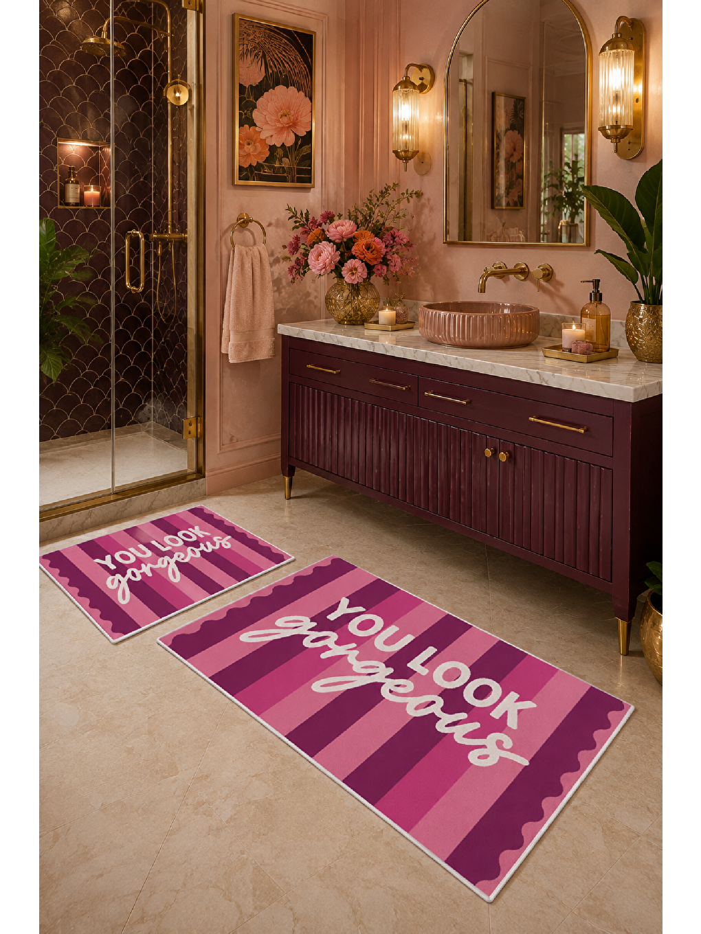 Pembe Bordo You Look So Good Yazılı Banyo Paspası 2’li Set-6