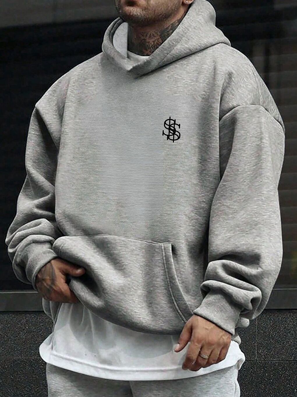 Gri Dolar Baskılı Oversize Kapüşonlu Sweatshirt-1