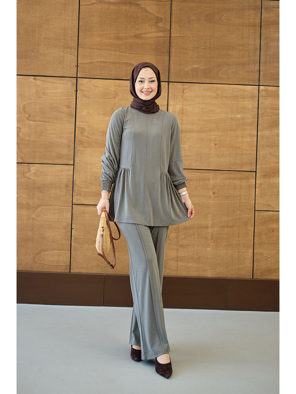 Kadın Önü Çima Ve Büzgü Detay İkili Takım Küf Yeşil-4