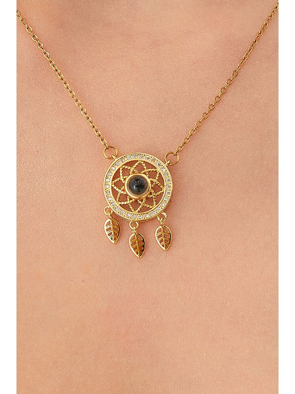 Sarı Taşlı Açılabilir Yonca Çelik Kolye-3