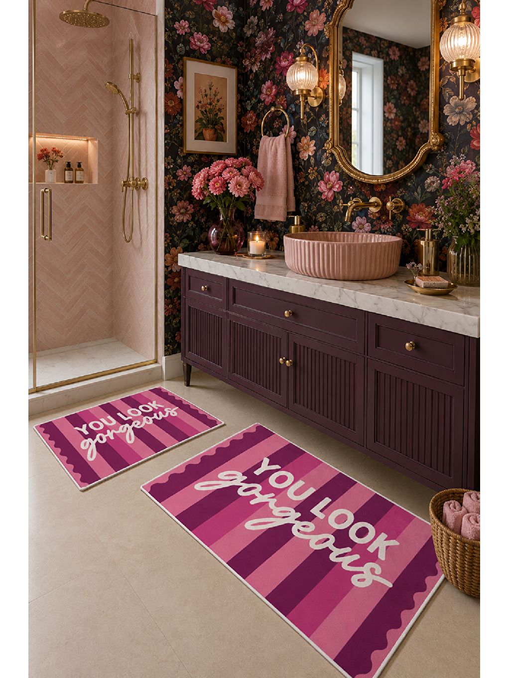 Pembe Bordo You Look So Good Yazılı Banyo Paspası 2’li Set-7