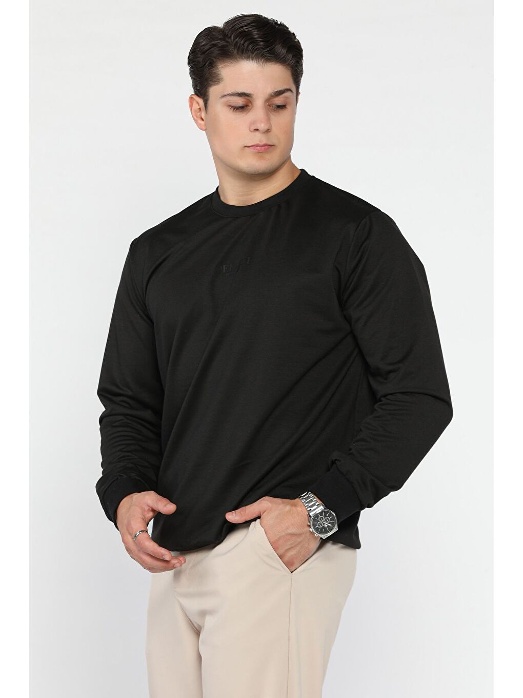 Siyah Erkek Bisiklet Yaka Baskılı Sweatshirt-1