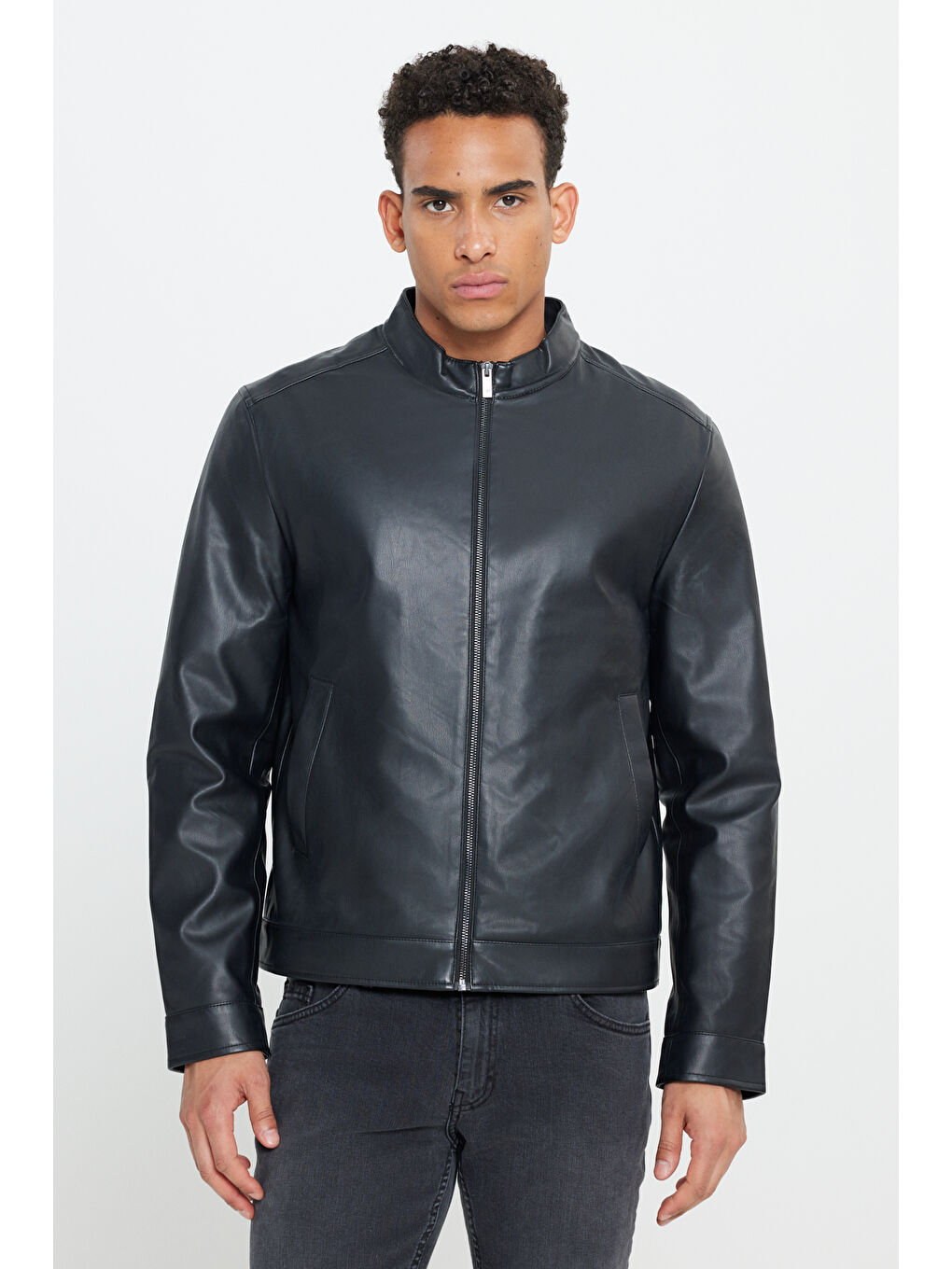 Erkek Siyah Standart Fit Normal Kesim Dik Yaka Mont