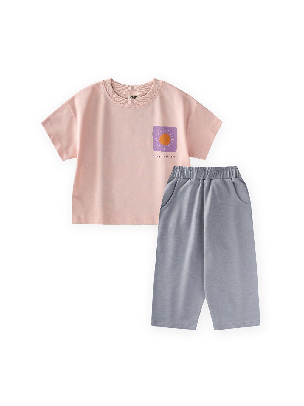 Pembe Yüksek Bel Pantolonlu Takım 2-10 Yaş Pudra Gri