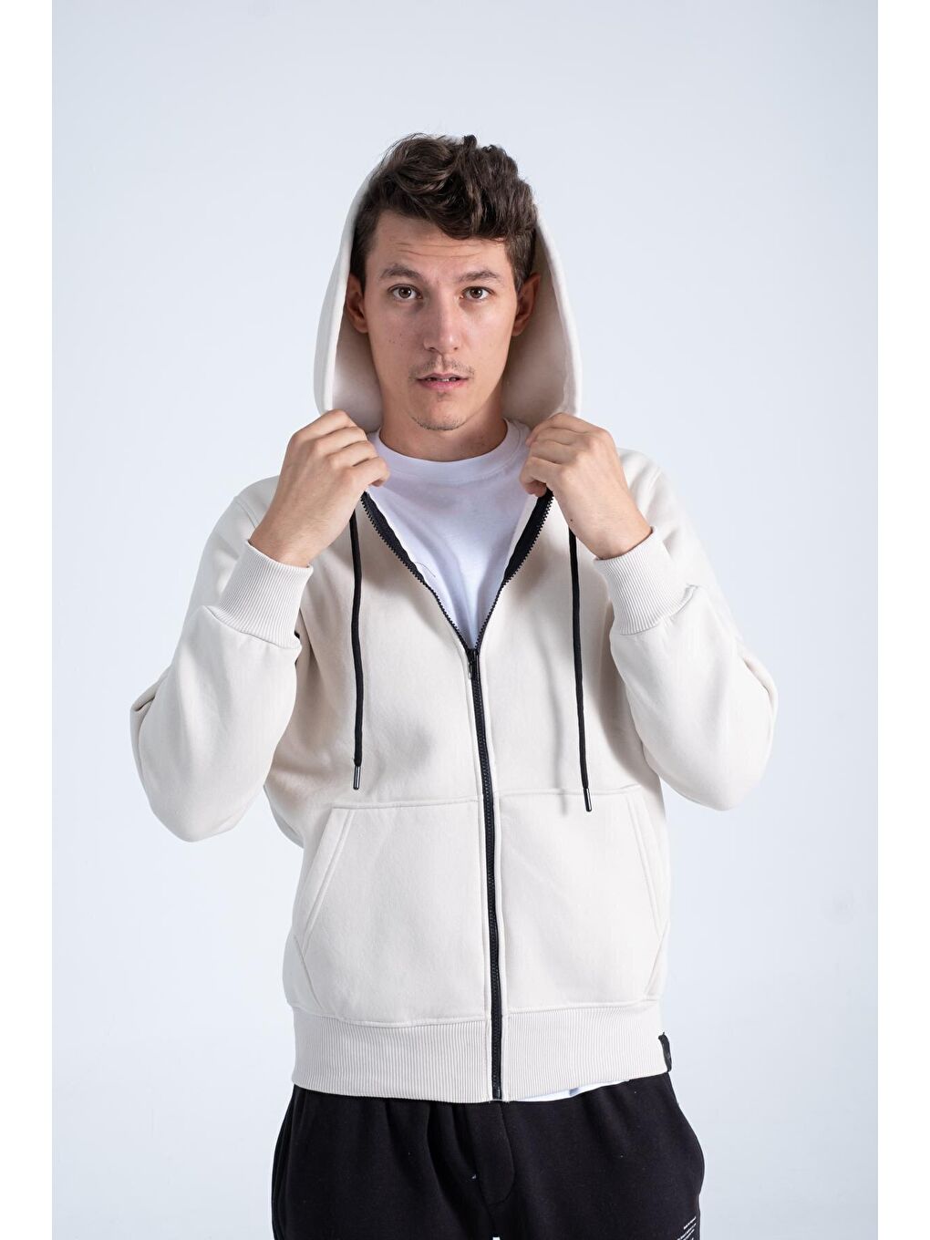 Bej Regular Fit Kapüşonlu Yaka  Pamuklu Rahat Erkek Fermuarlı Sweatshirt Hırka RF0308-2
