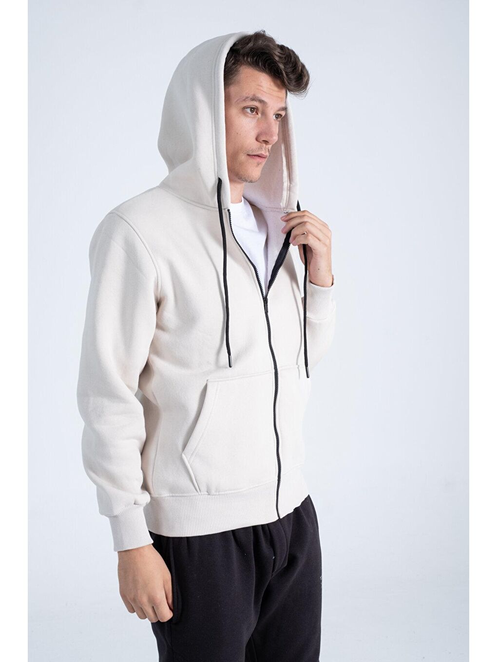 Bej Regular Fit Kapüşonlu Yaka  Pamuklu Rahat Erkek Fermuarlı Sweatshirt Hırka RF0308-3