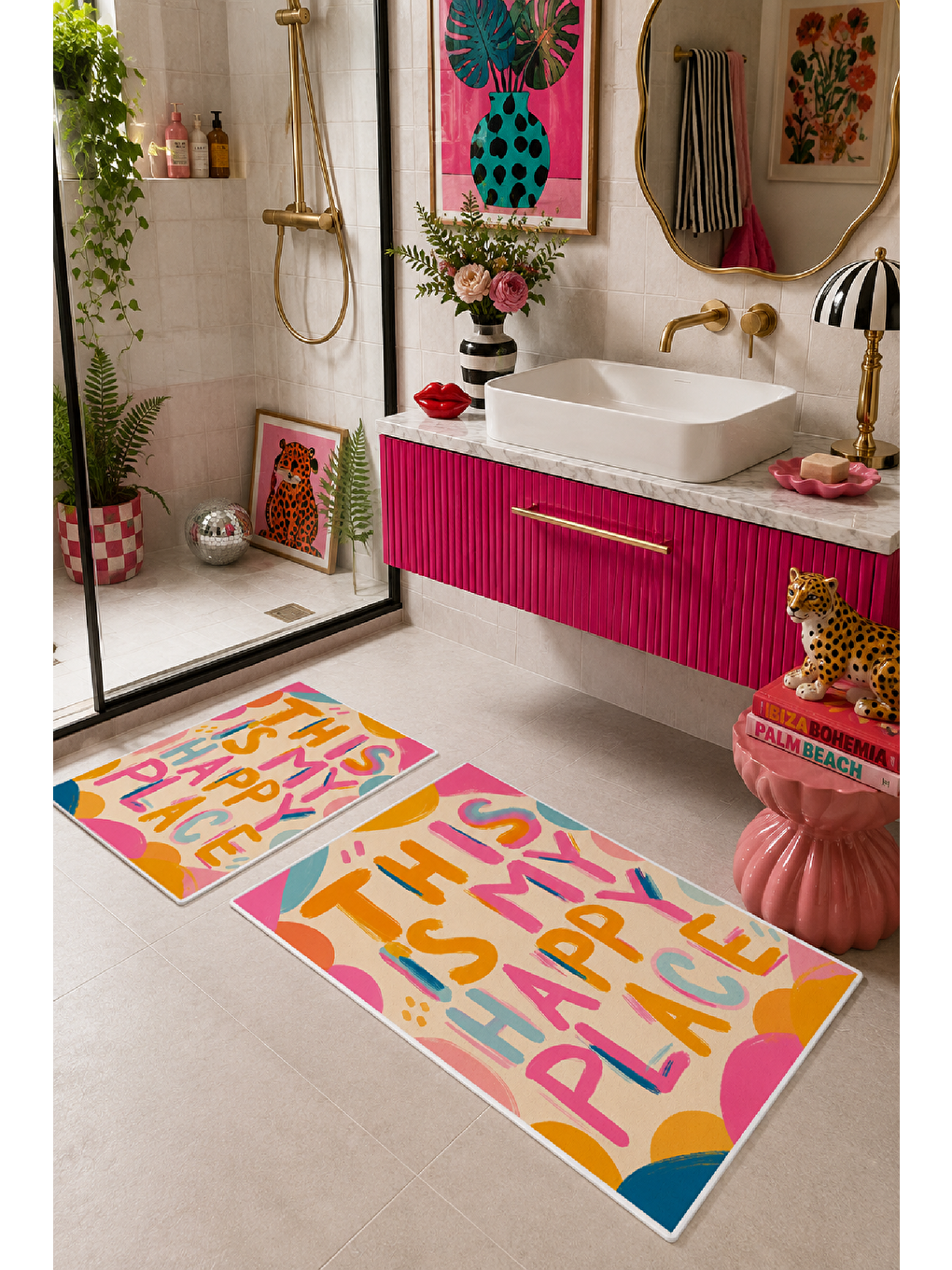 Karışık Renkli This Is My Happy Place Yazılı Banyo Paspası 2’li Set-3