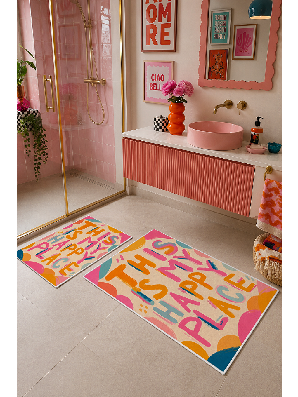 Karışık Renkli This Is My Happy Place Yazılı Banyo Paspası 2’li Set-4