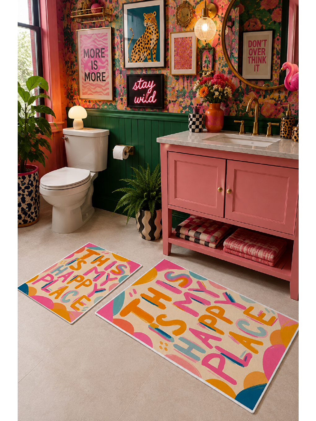 Karışık Renkli This Is My Happy Place Yazılı Banyo Paspası 2’li Set-5