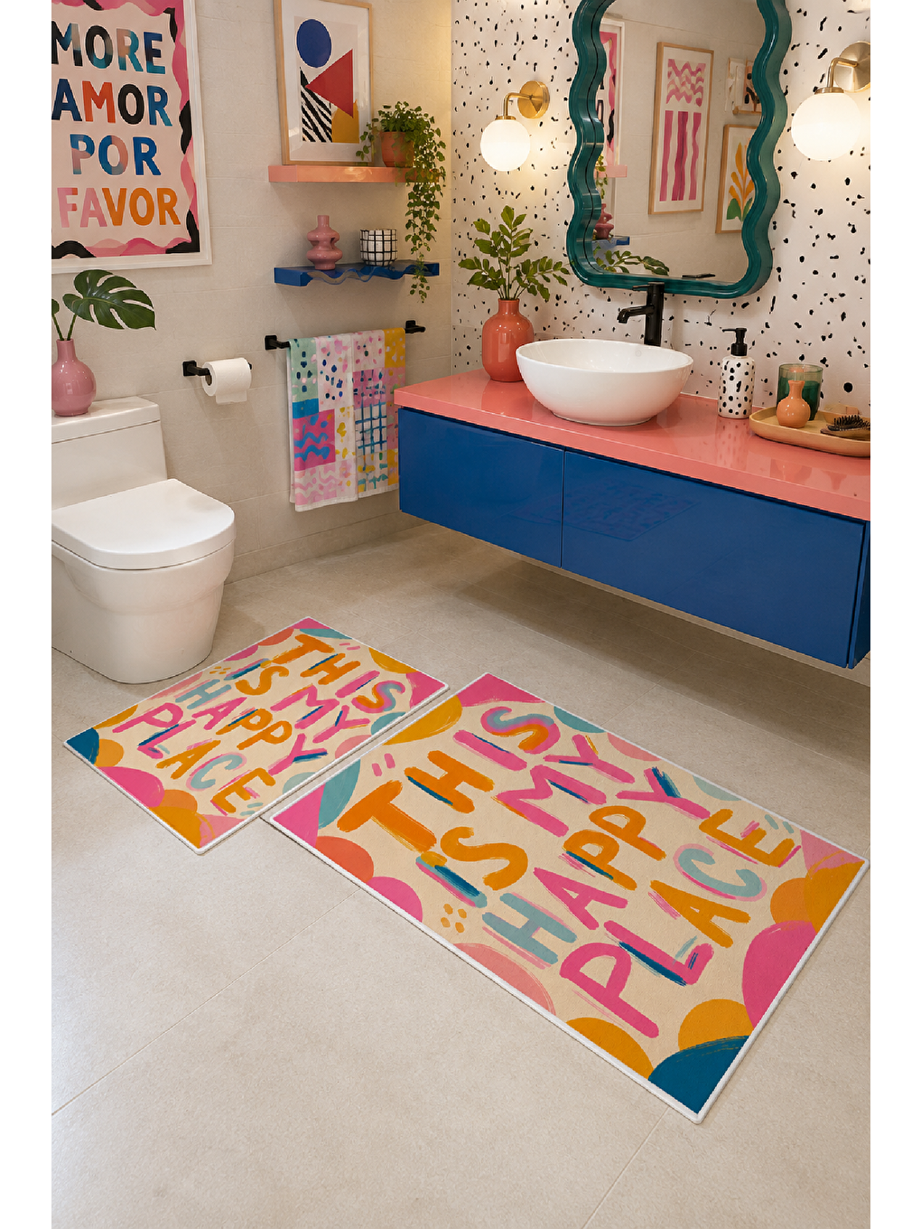 Karışık Renkli This Is My Happy Place Yazılı Banyo Paspası 2’li Set-6