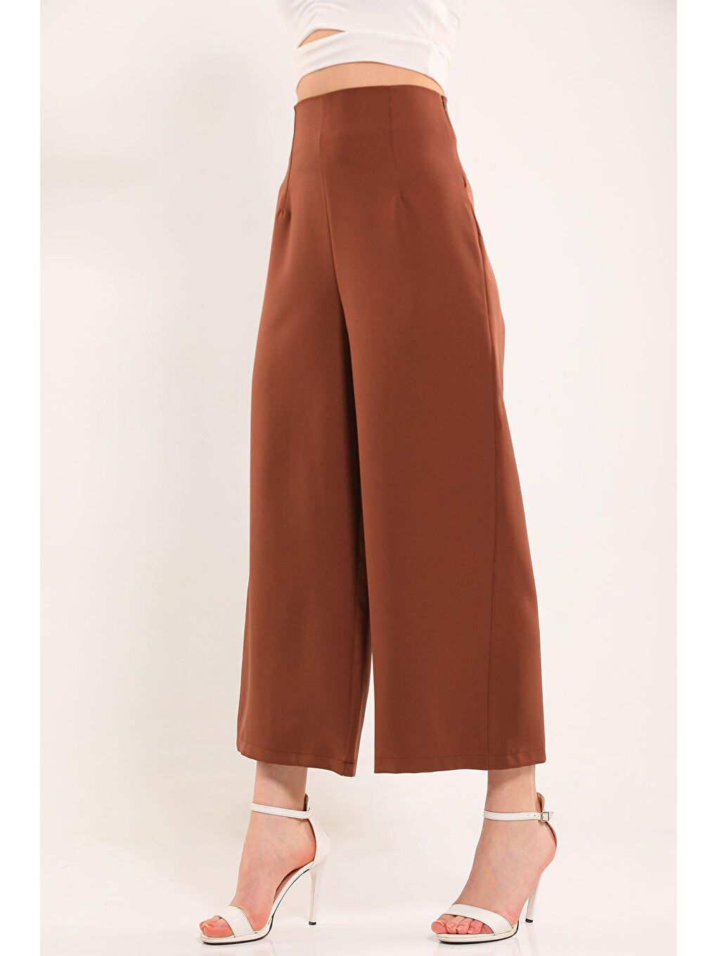 Kahverengi Kadın Yan Fermuarlı Bol Paça Pantolon-1