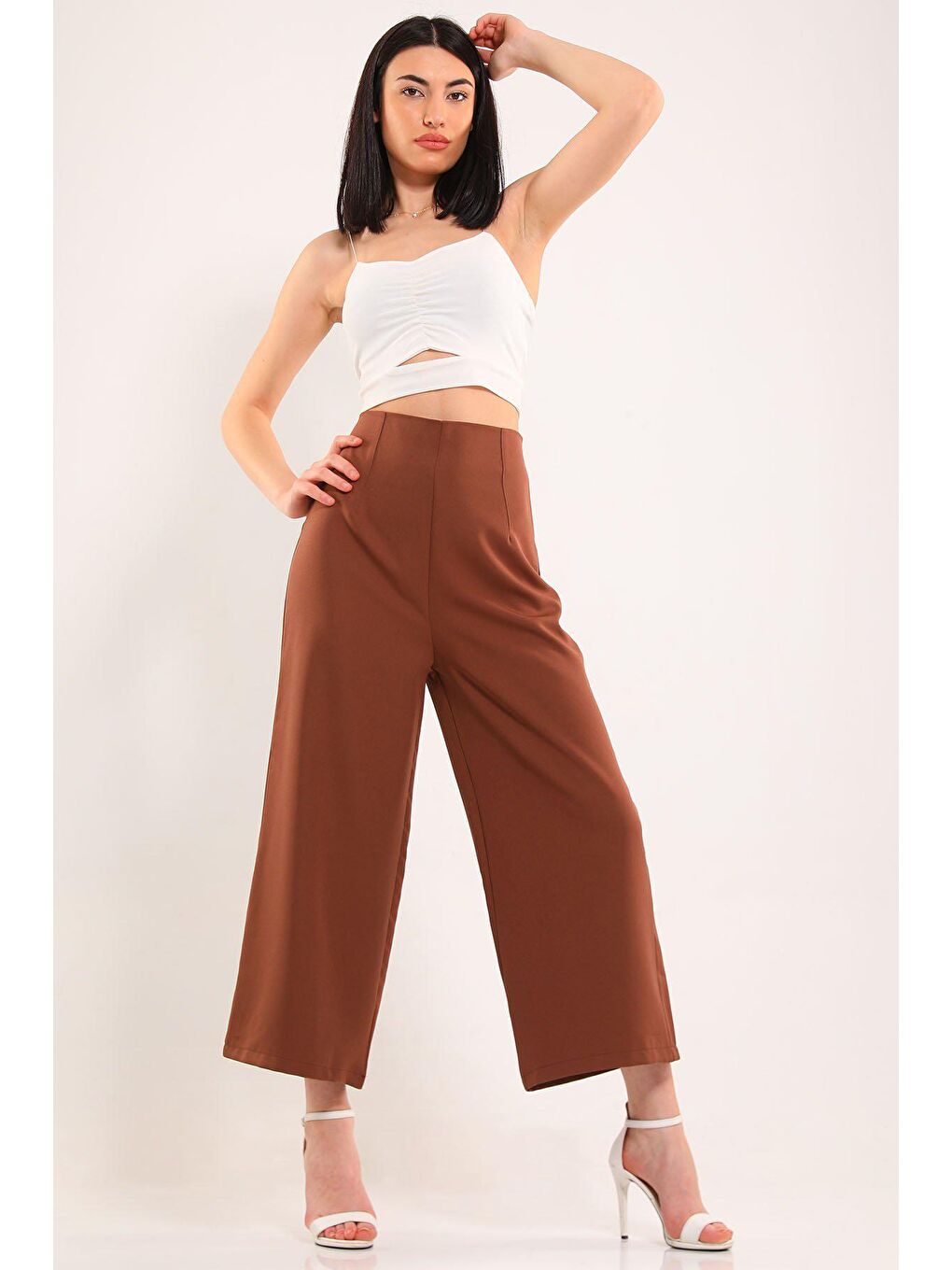 Kahverengi Kadın Yan Fermuarlı Bol Paça Pantolon-2