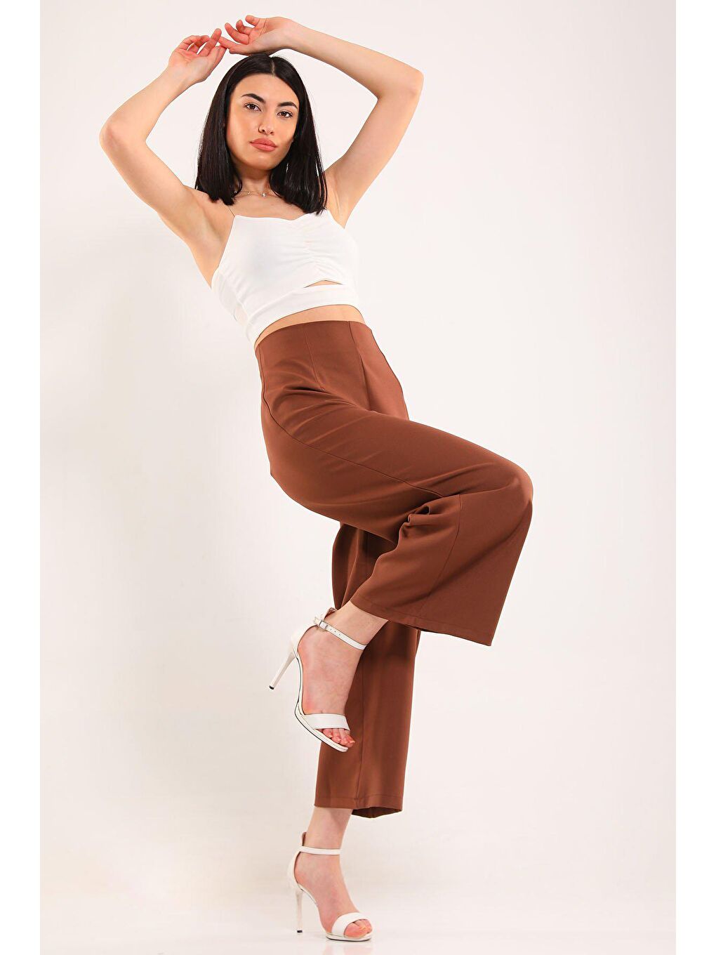 Kahverengi Kadın Yan Fermuarlı Bol Paça Pantolon-3