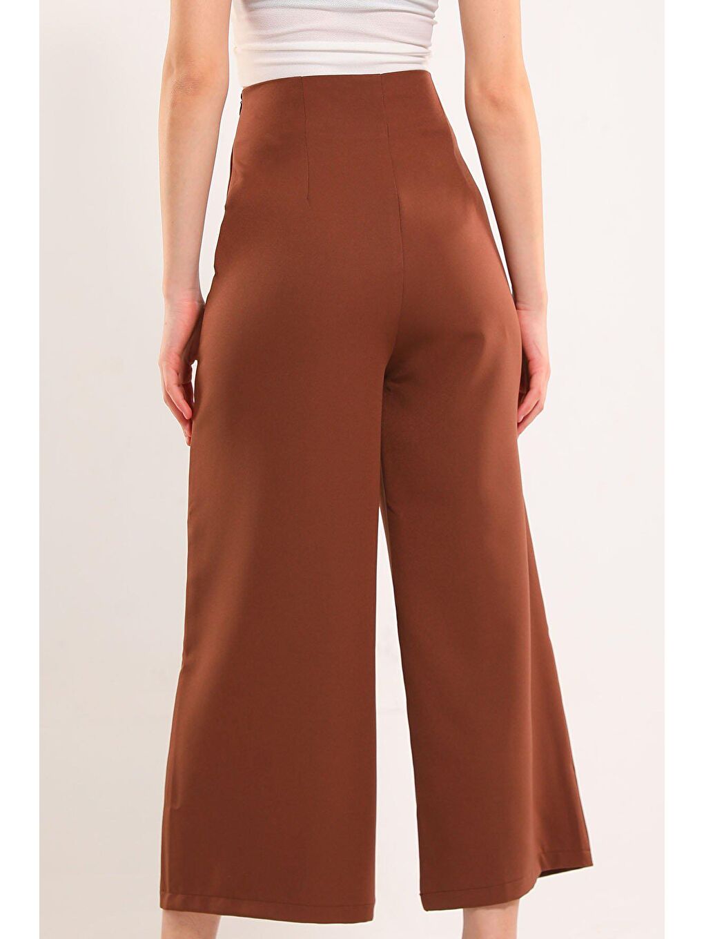 Kahverengi Kadın Yan Fermuarlı Bol Paça Pantolon-5