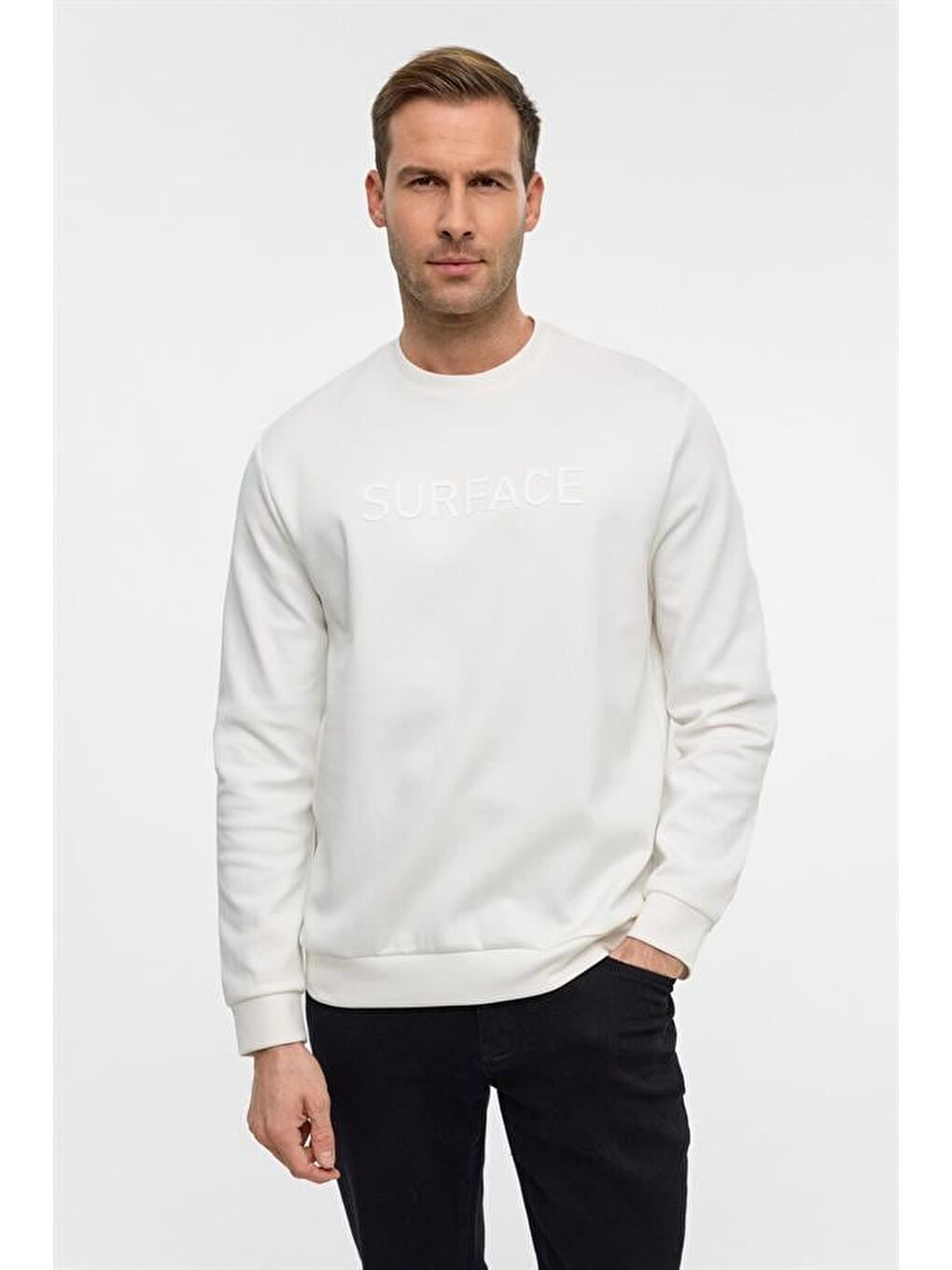 Beyaz Regular Düz Bisiklet Yaka Sweatshirt-3