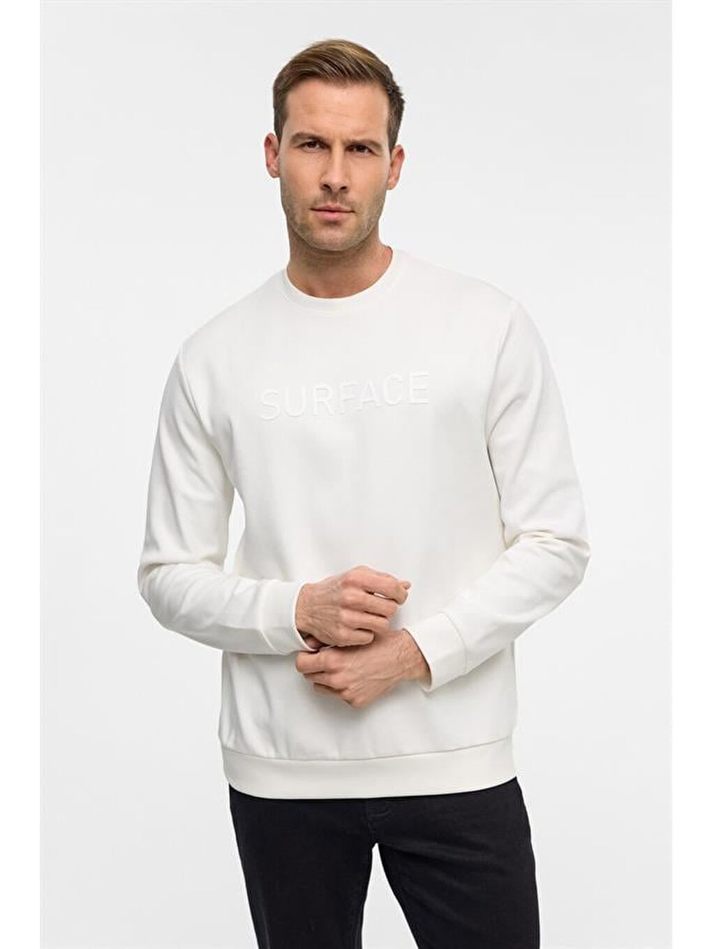 Beyaz Regular Düz Bisiklet Yaka Sweatshirt-4