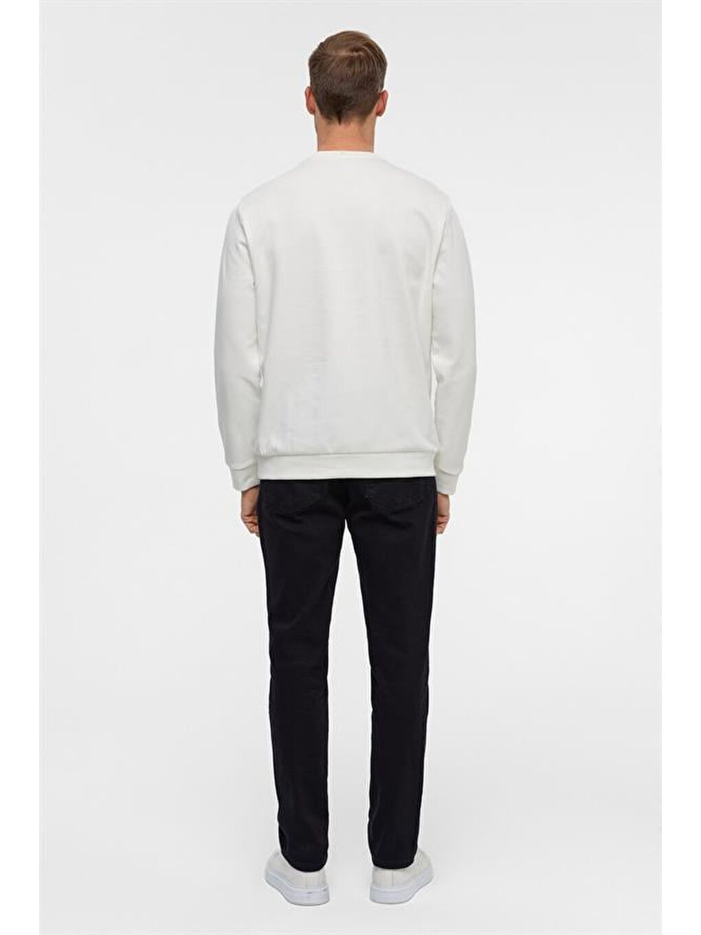 Beyaz Regular Düz Bisiklet Yaka Sweatshirt-6