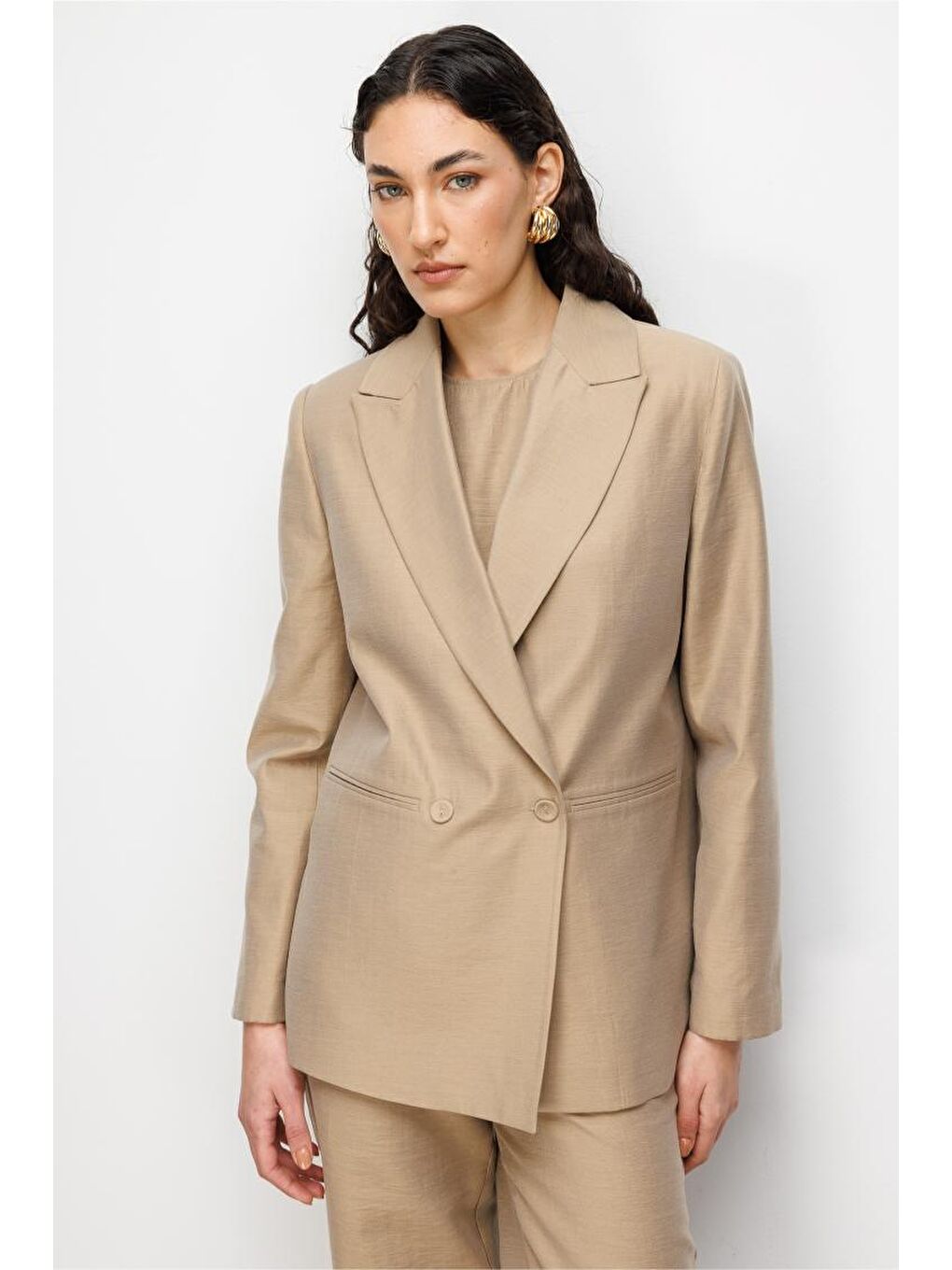 Bej Rengi Kruvaze Blazer Ceket-2