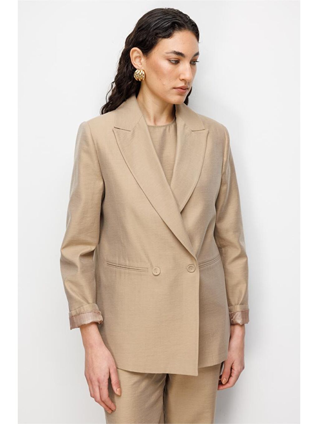 Bej Rengi Kruvaze Blazer Ceket-3