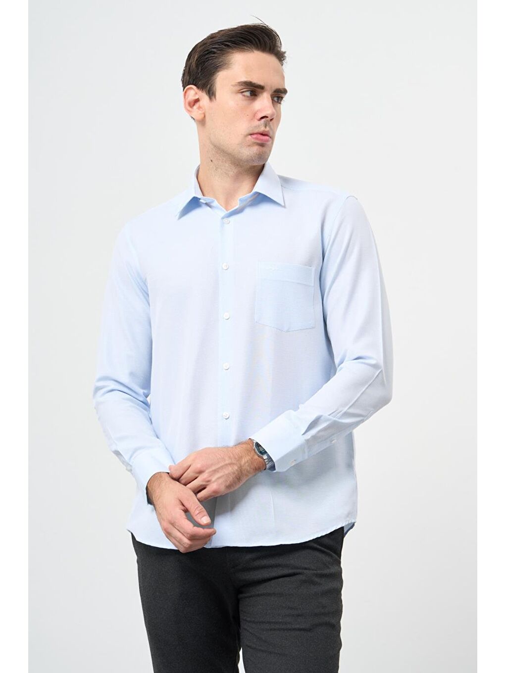 Mavi Uzun Kol Kendinden Cepli Pamuklu Classic Comfort Fit Gömlek 1004245213