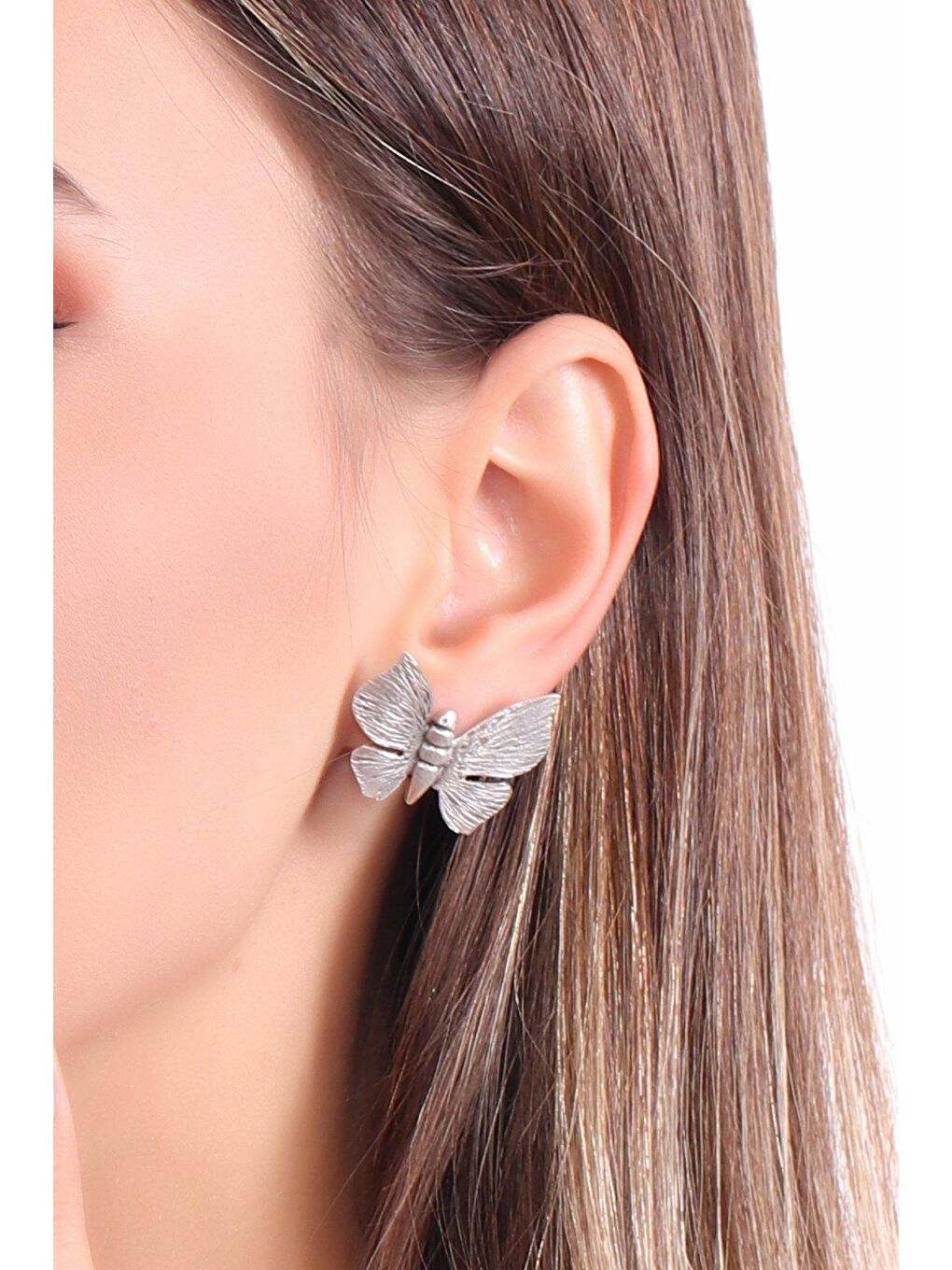 Gri Kadın Antik Gümüş Kaplama Çivili Kelebek Küpe-1