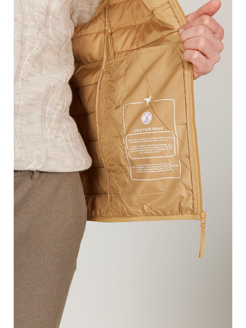 Erkek Sarı Rüzgar Geçirmez Taşınabilir Çantalı Sıcak Tutan Elyaf Dolgulu Ultra Hafif Standart Fit Şişme Yelek-3