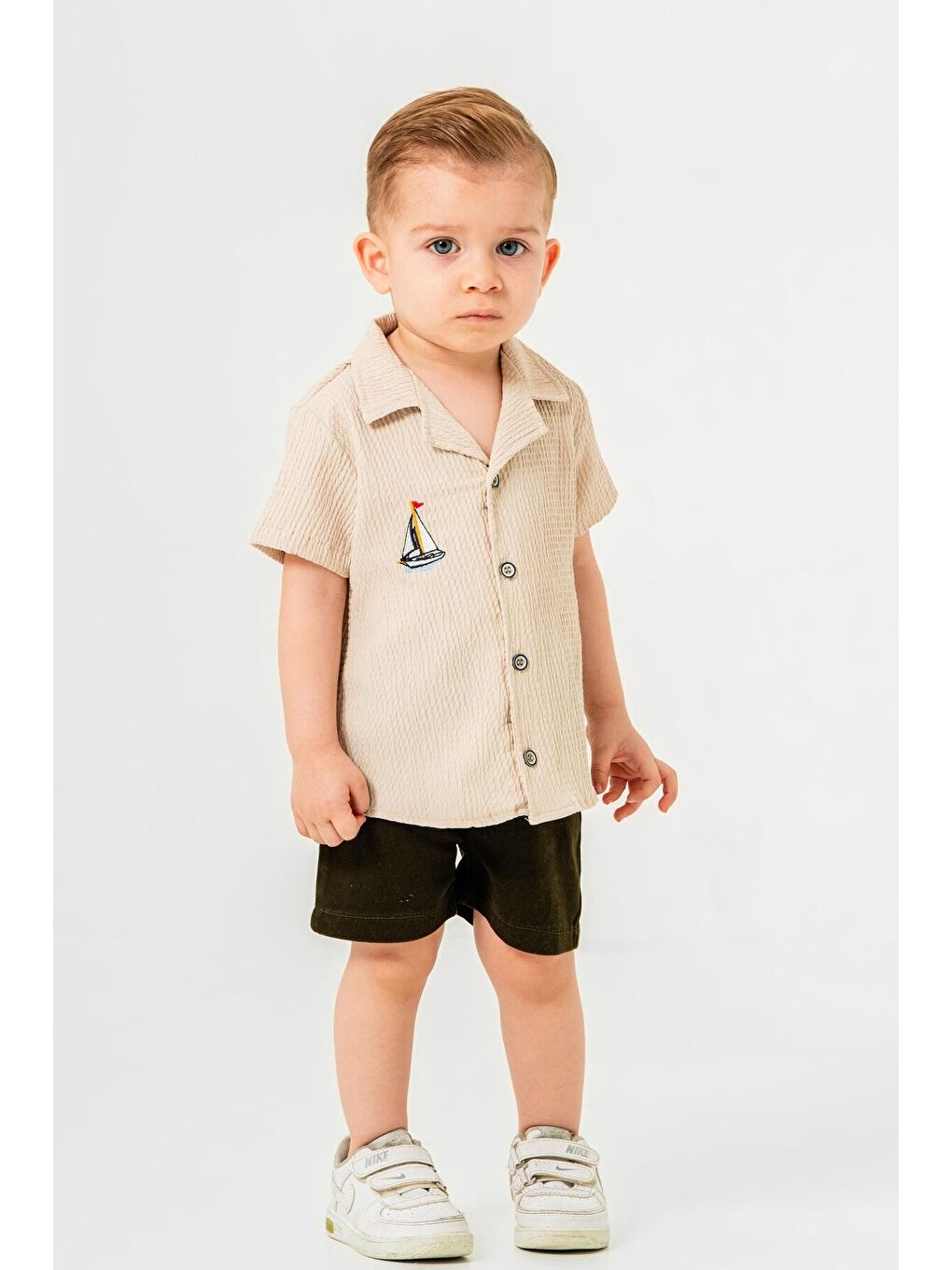 Ekru Gömlek Yelken Desenli Belden Ayarlanabilir Kısa Kollu Şortlu 3'lü Takım-2