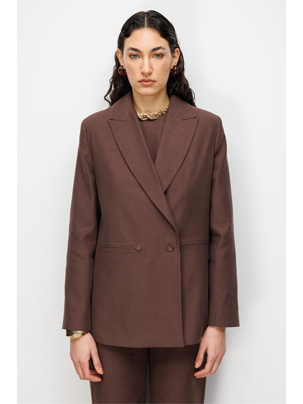 Kahverengi Kruvaze Blazer Ceket
