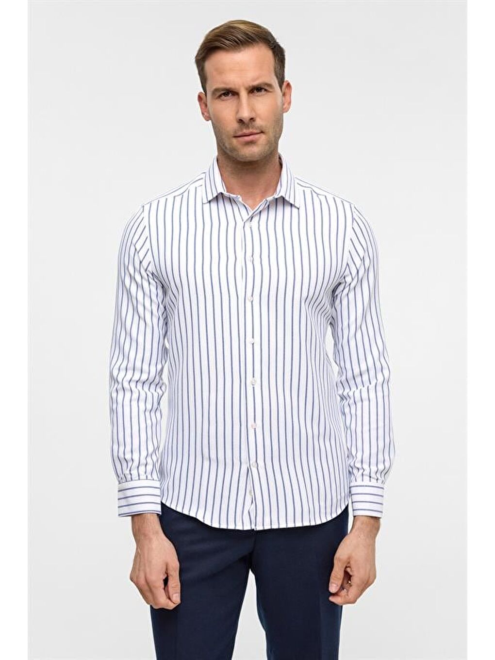 Mavi Slim Çizgili Klasik Yaka Gömlek