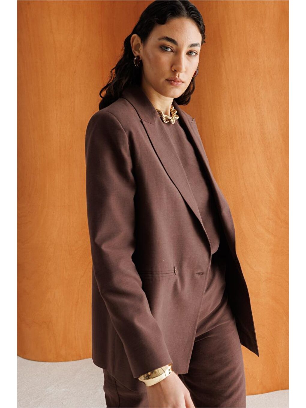 Kahverengi Kruvaze Blazer Ceket-1