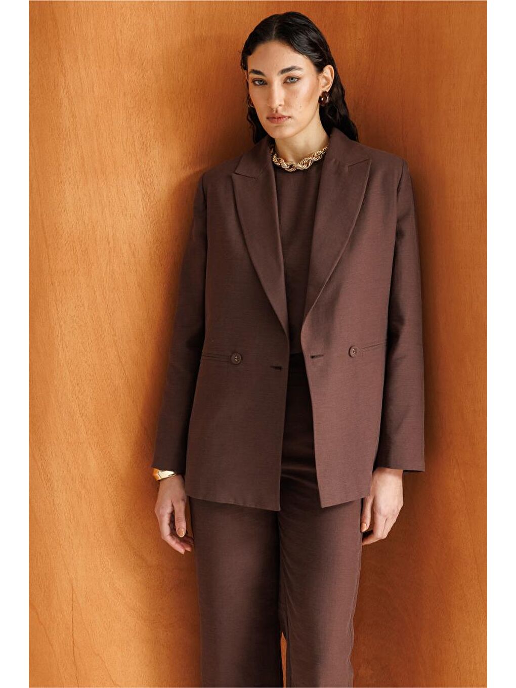 Kahverengi Kruvaze Blazer Ceket-2