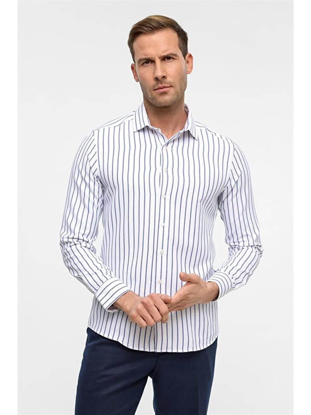 Mavi Slim Çizgili Klasik Yaka Gömlek-1