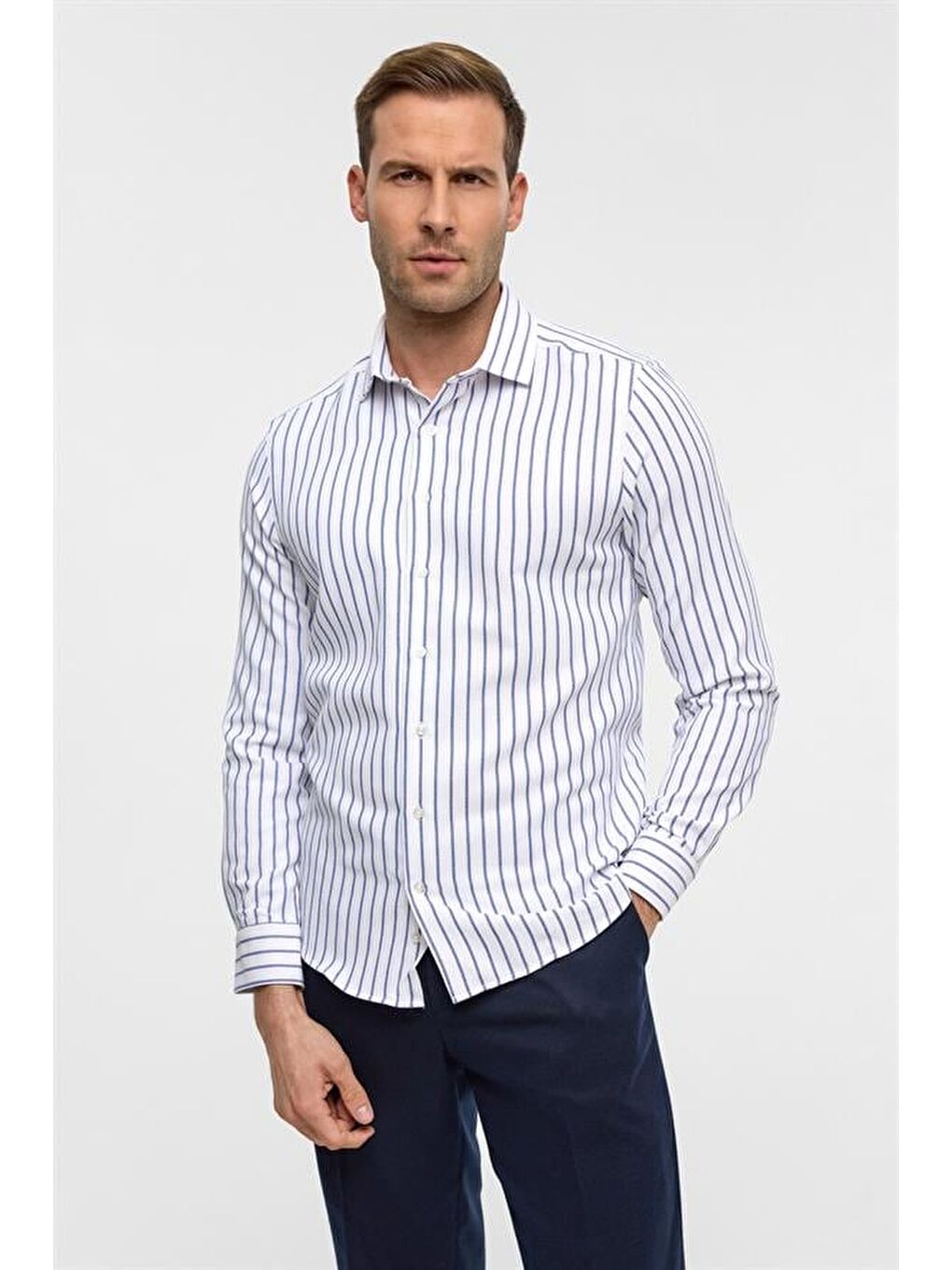 Mavi Slim Çizgili Klasik Yaka Gömlek-2