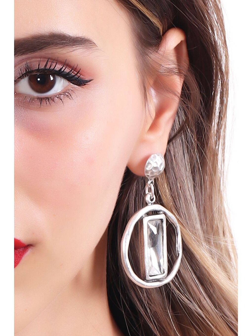 Gri Kadın Antik Gümüş Kaplama Taşlı Saturn Küpe-2