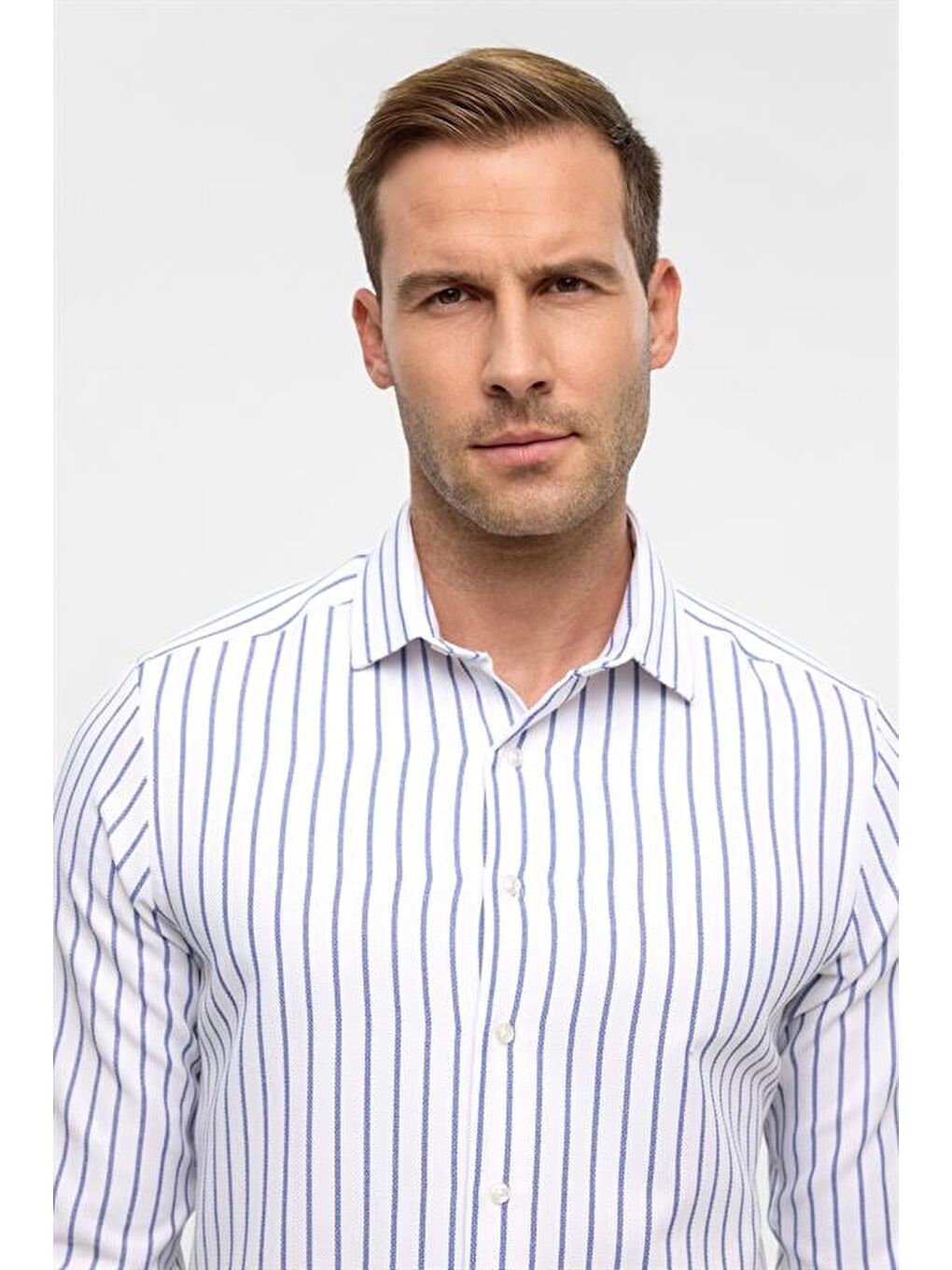 Mavi Slim Çizgili Klasik Yaka Gömlek-3