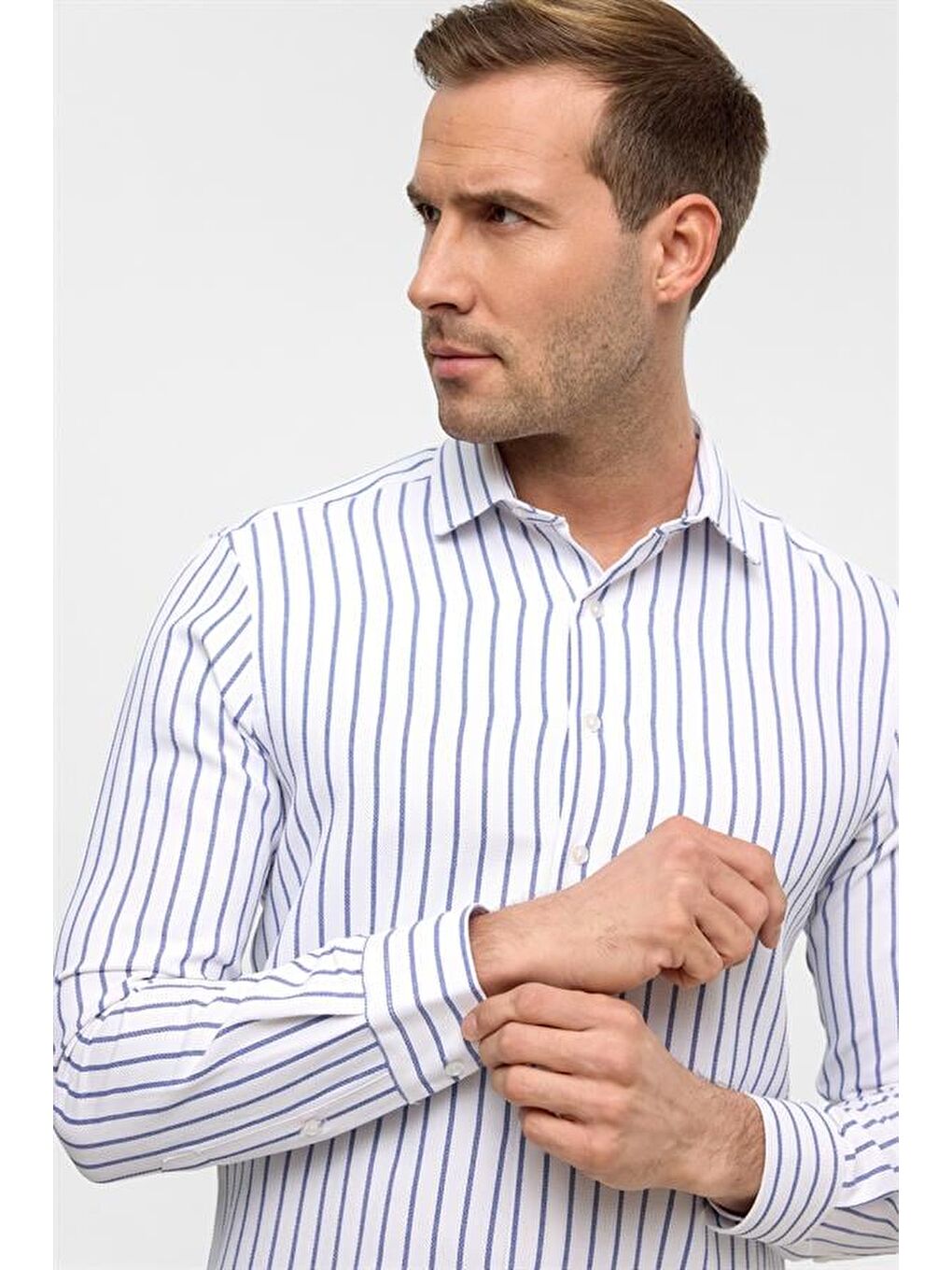 Mavi Slim Çizgili Klasik Yaka Gömlek-4