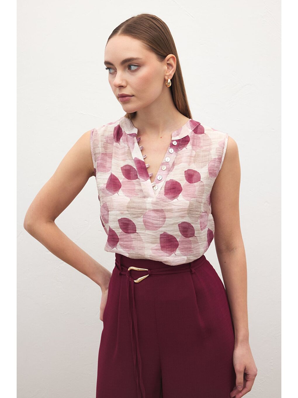 Kolsuz V Yaka Bluz - Mürdüm-2