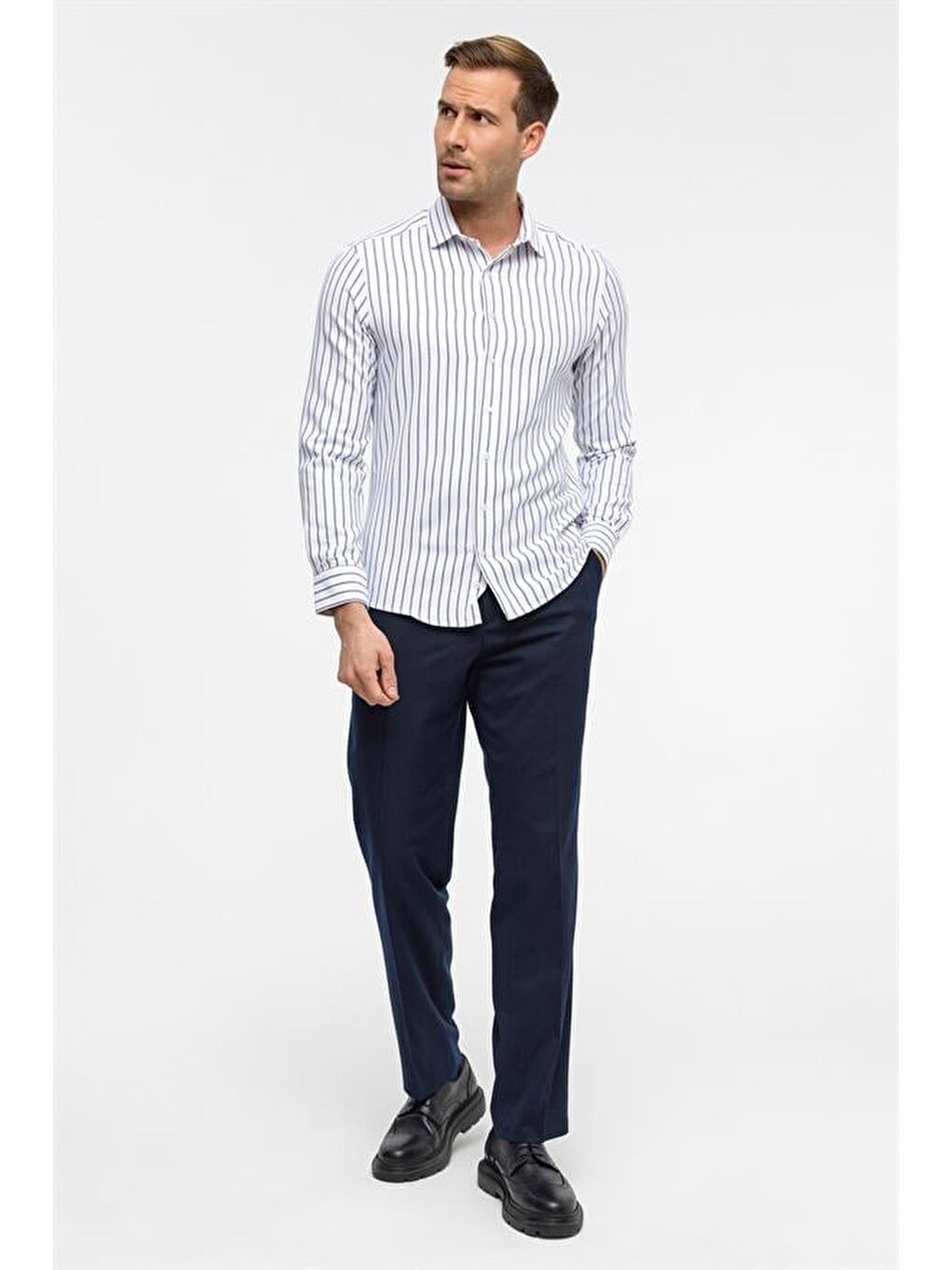 Mavi Slim Çizgili Klasik Yaka Gömlek-5