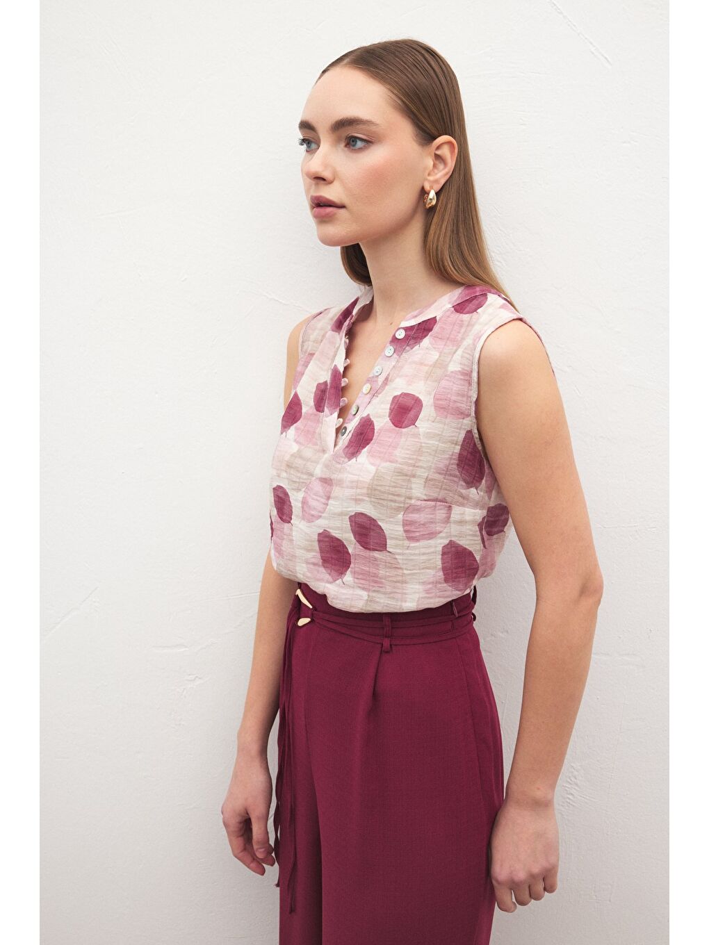 Kolsuz V Yaka Bluz - Mürdüm-4