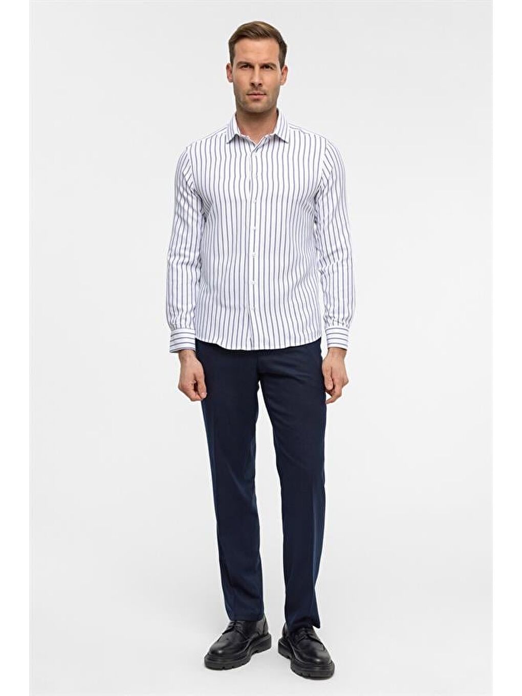 Mavi Slim Çizgili Klasik Yaka Gömlek-7